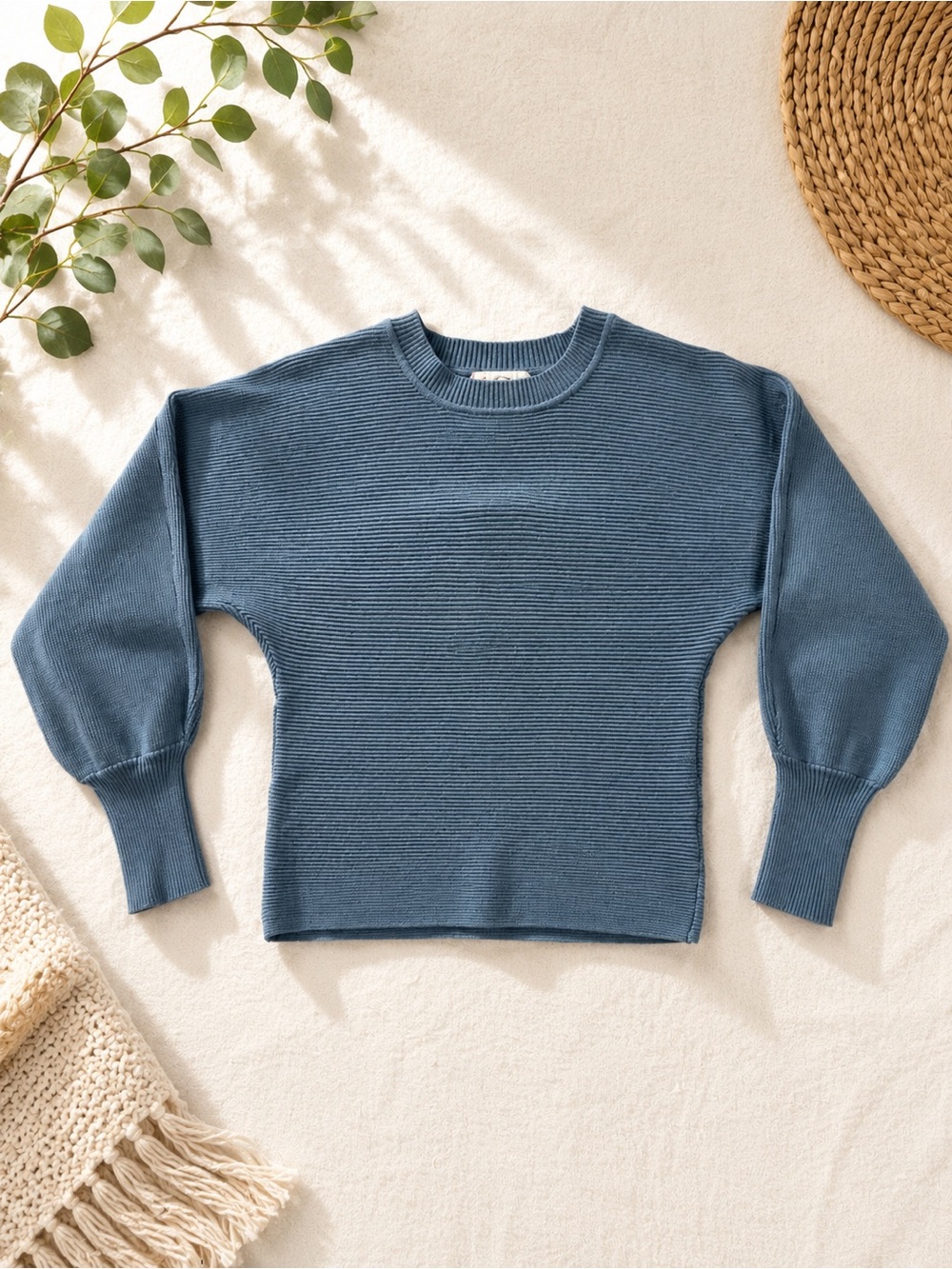 Pink Rose Blue Ribbed Balloon Sleeve Sweater S